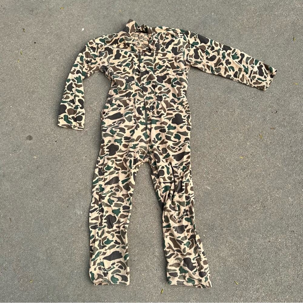 Vintage Hunter’s Choice Cotton Tan Frog Camo Coveralls Jumpsuit
